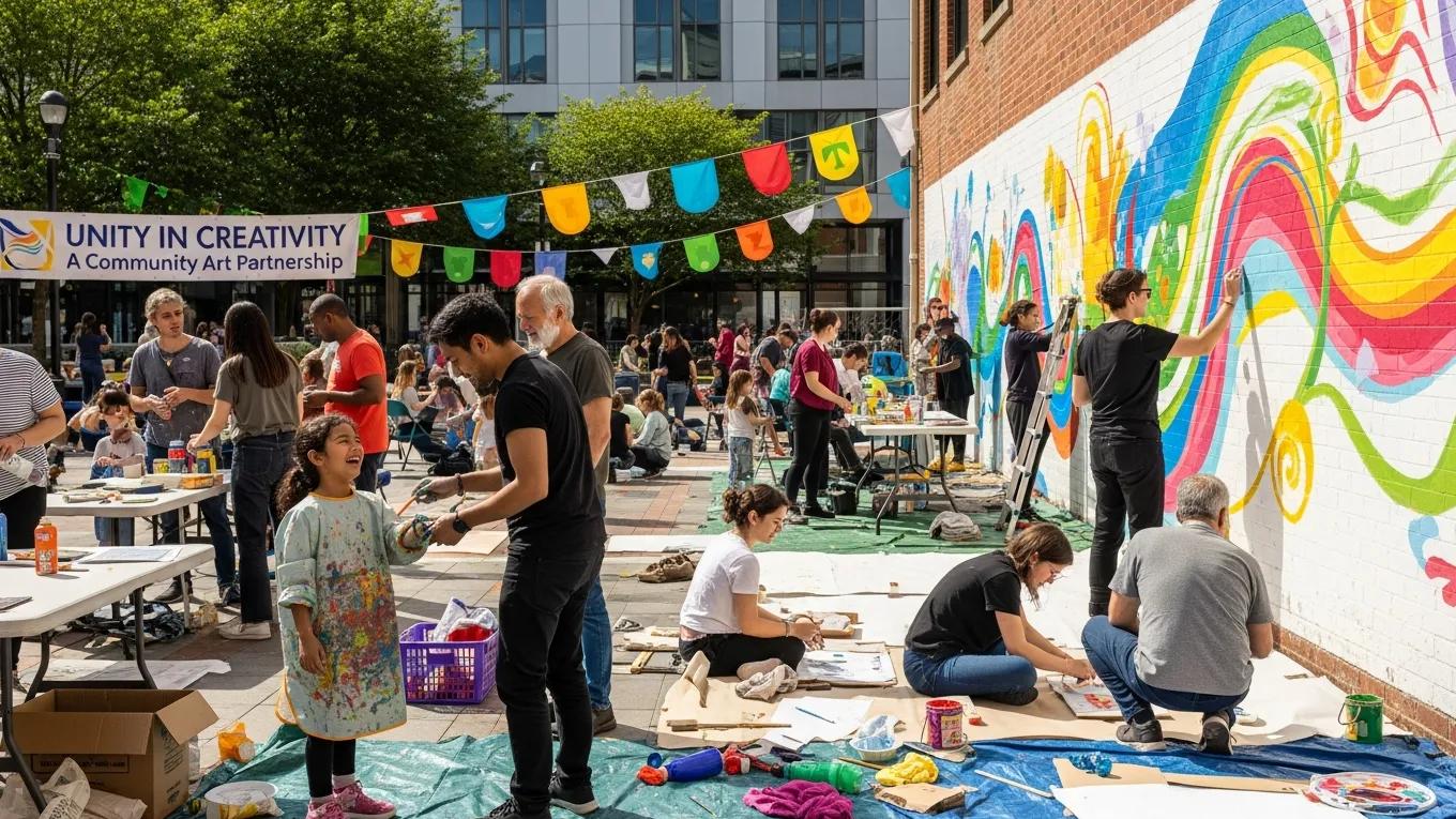 Community members and local artists collaborating on a vibrant public art installation at a community event titled "Unity in Creativity," showcasing engagement and creativity in enterprise cultural initiatives.