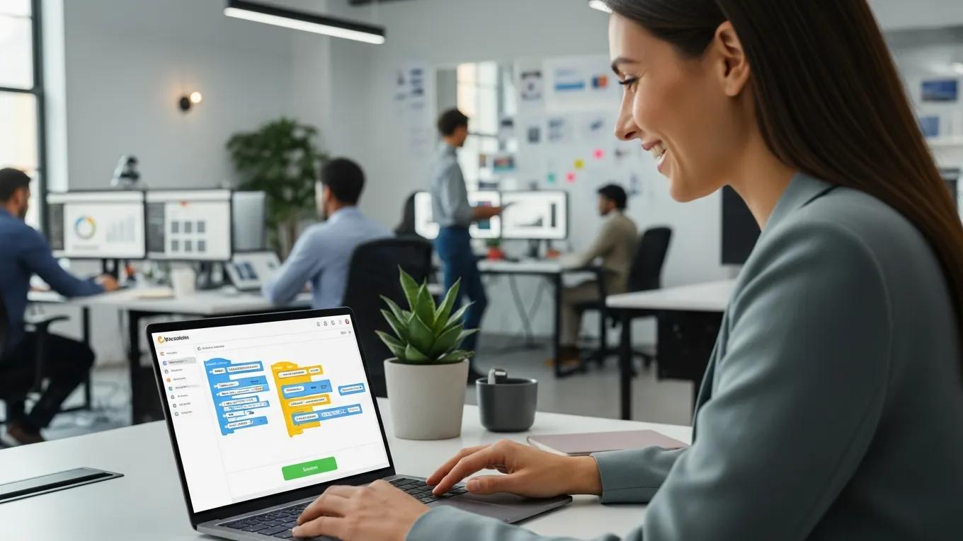 Non-technical employee using a no-code automation tool in a productive office environment