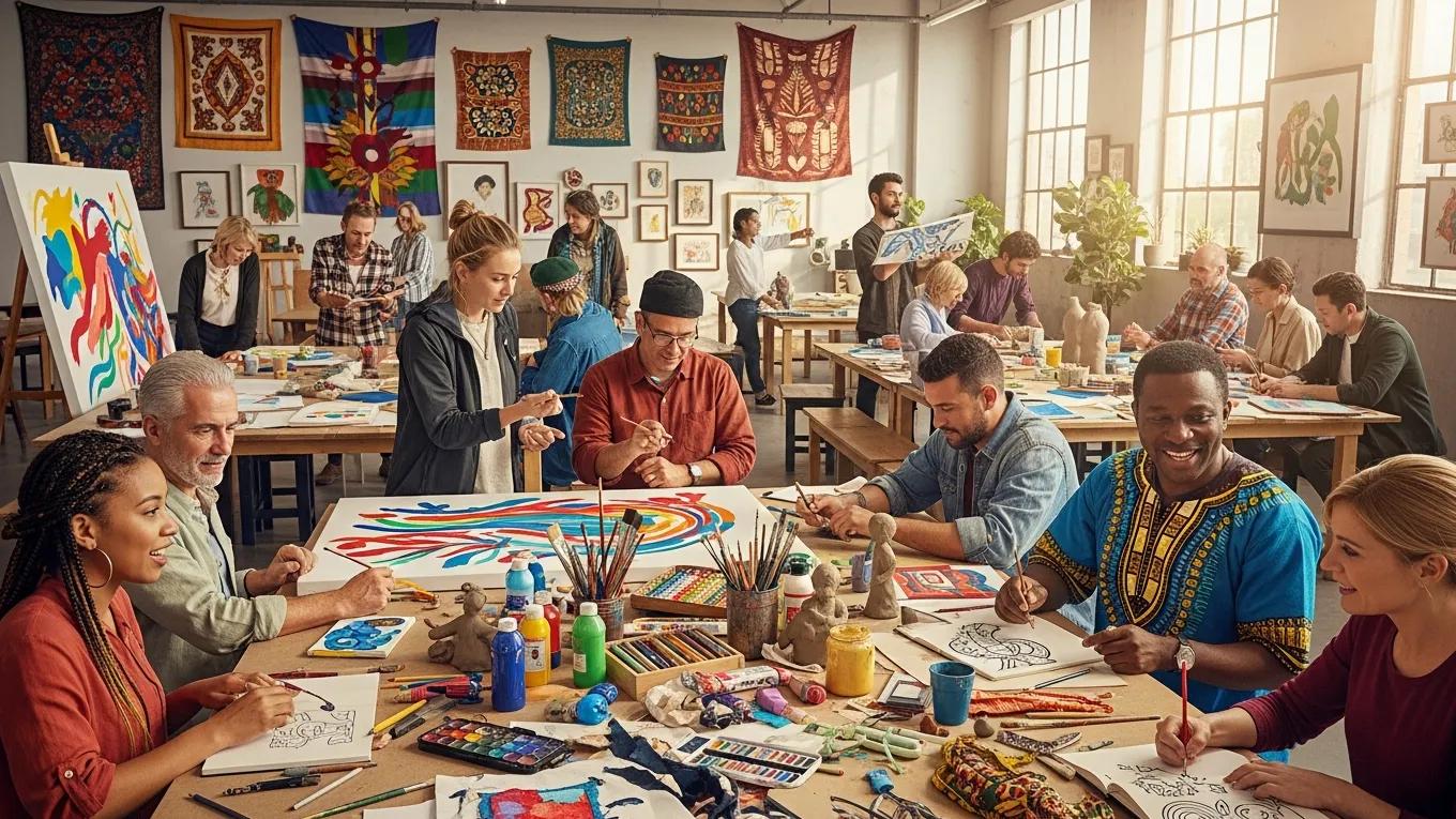 Participants from diverse backgrounds engaging in a cultural exchange workshop, collaborating on art projects with various materials and colorful artworks displayed in a creative studio environment.