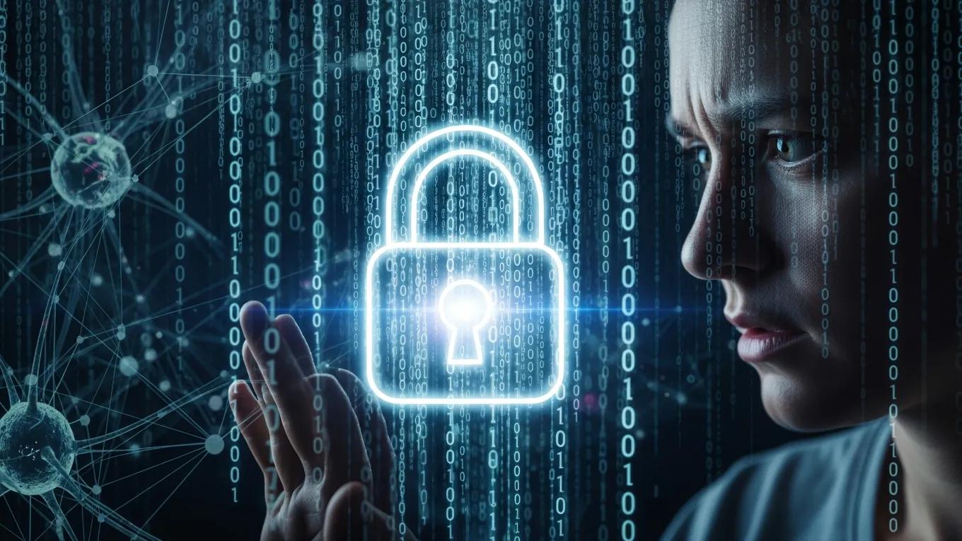 Person contemplating data privacy concerns with digital security symbols