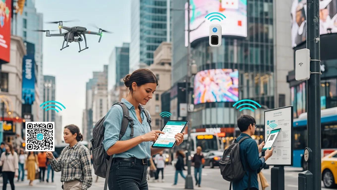 Person using mobile data collection app in an urban environment