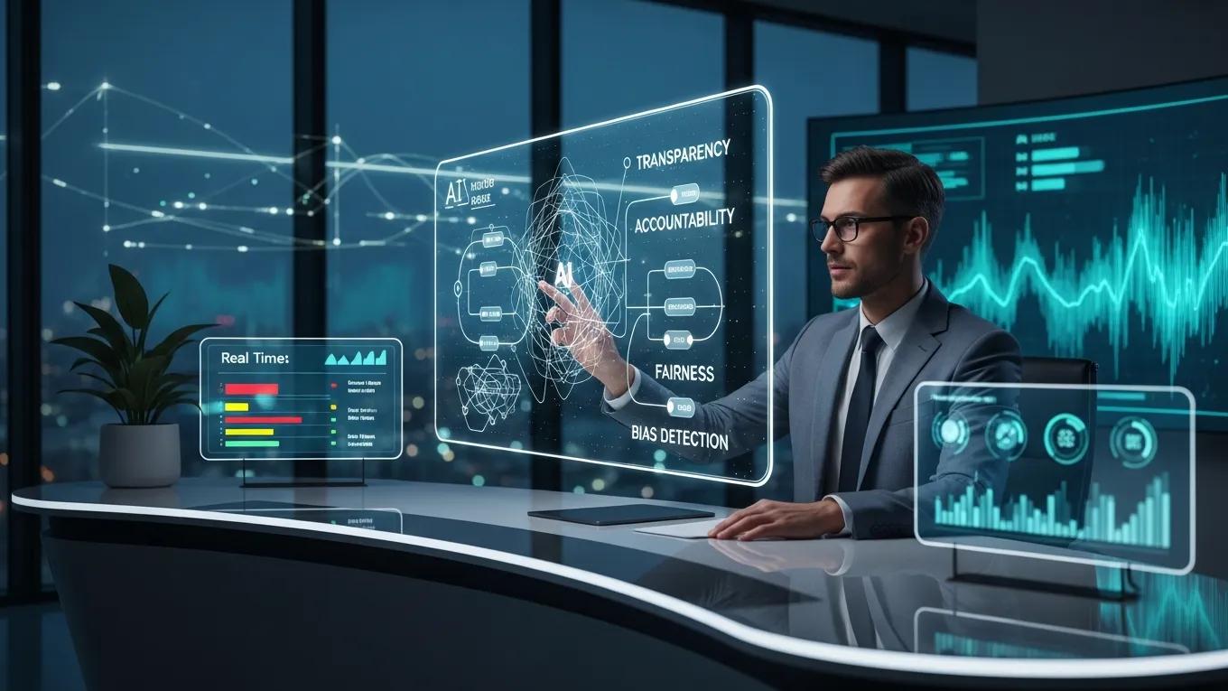 Professional discussing AI governance strategies for risk management in a modern setting