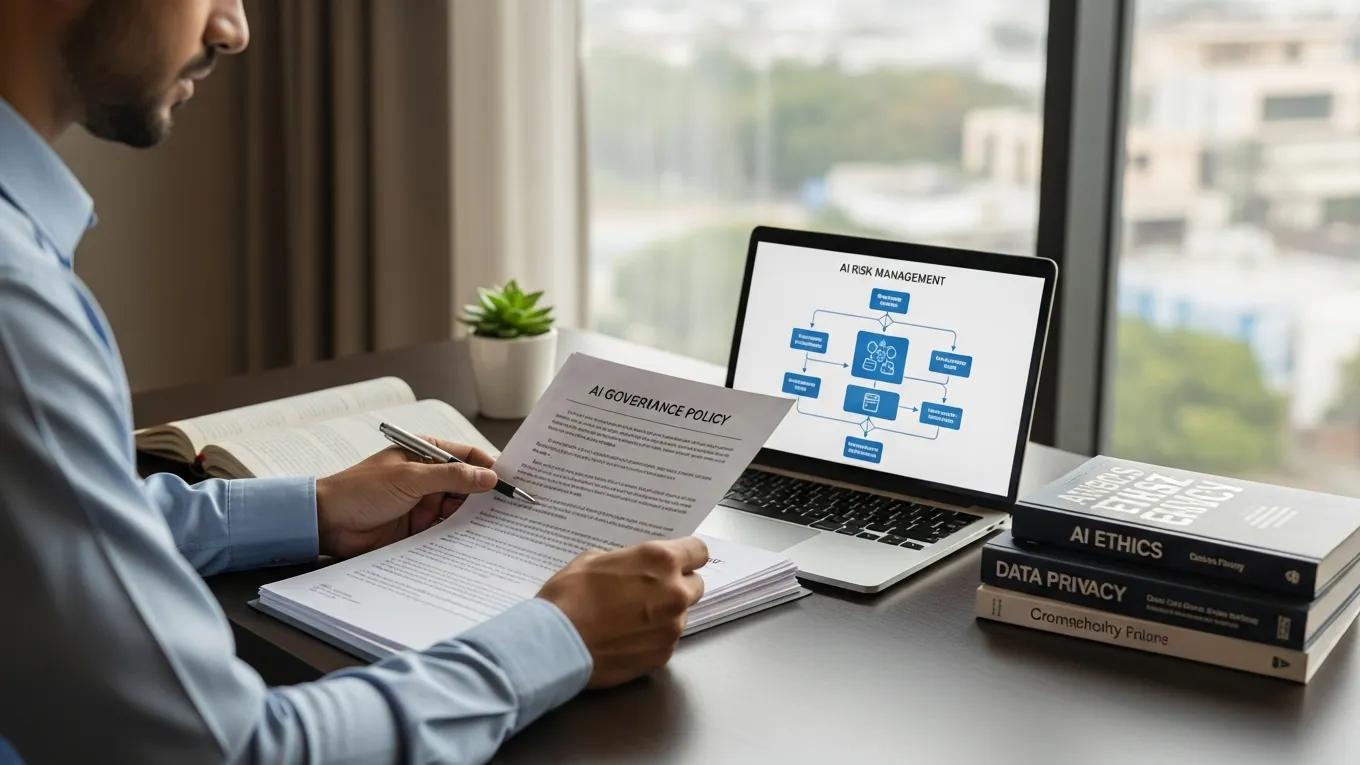 Professional reviewing AI governance compliance documents in an office