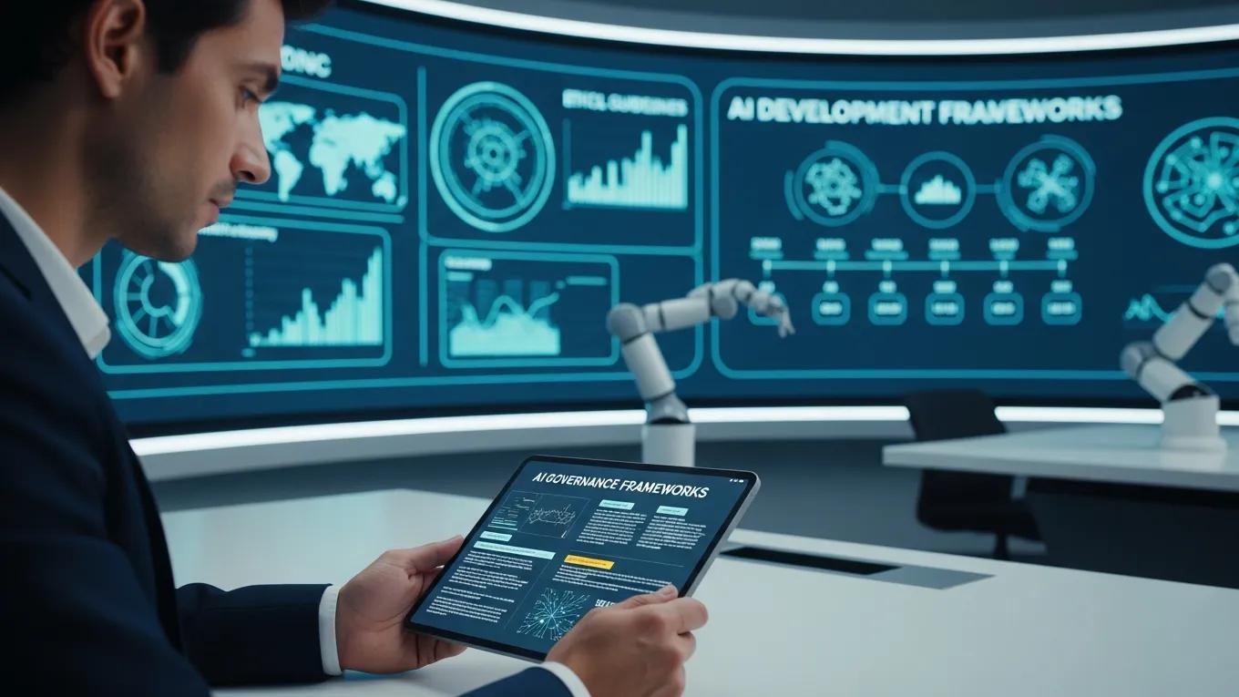Professional reviewing AI governance frameworks in a modern workspace