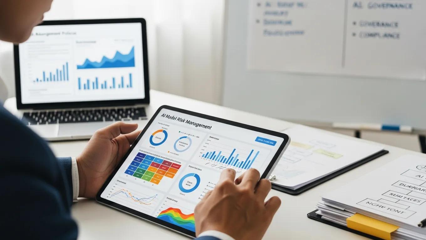 Professional reviewing AI model risk management policies on a digital tablet in a workspace