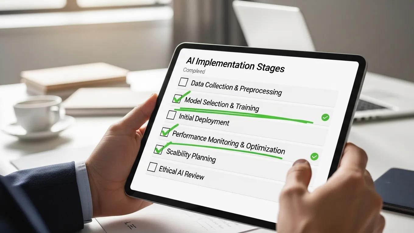 Professional reviewing an AI implementation checklist on a tablet