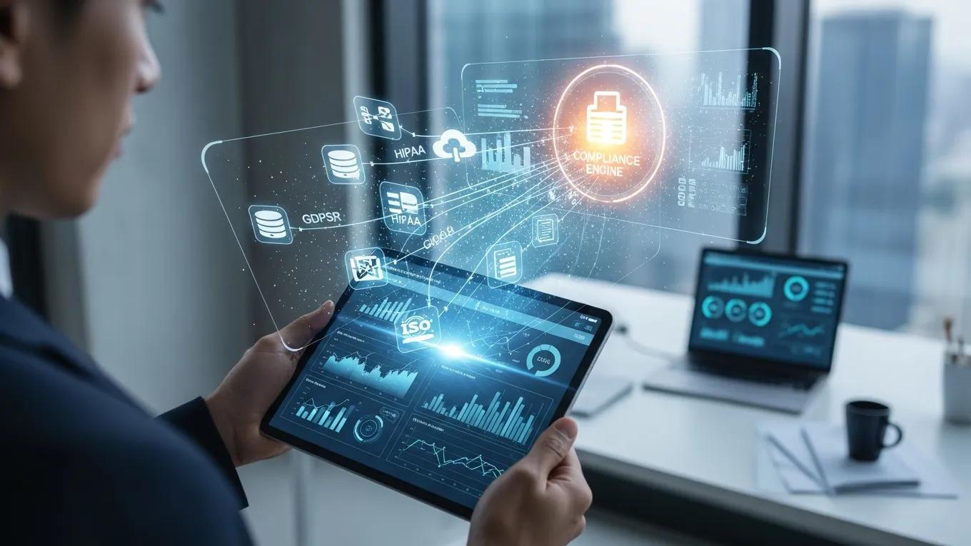 Professional reviewing compliance metrics with automated data capture interface