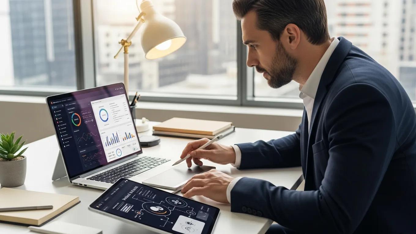 Professional using technology to enhance business processes in a modern workspace, illustrating digital transformation