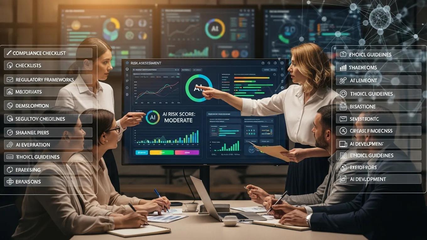 Professionals analyzing AI risk management strategies in an enterprise setting