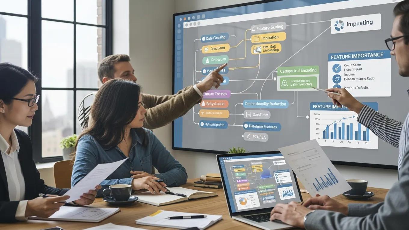 Professionals collaborating on feature engineering techniques for underwriting scorecards