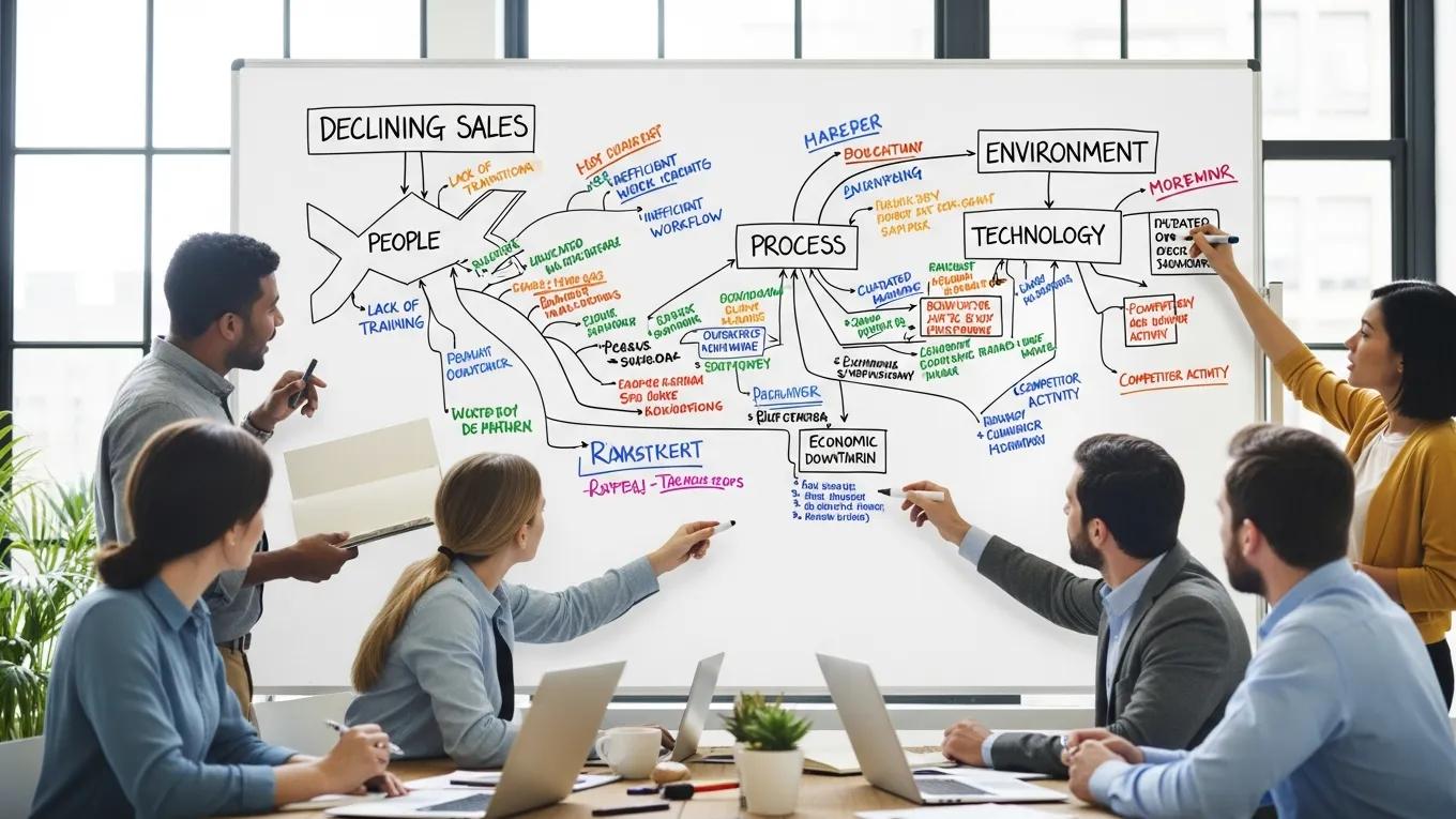 Professionals discussing a fishbone diagram for root cause analysis in a collaborative workspace