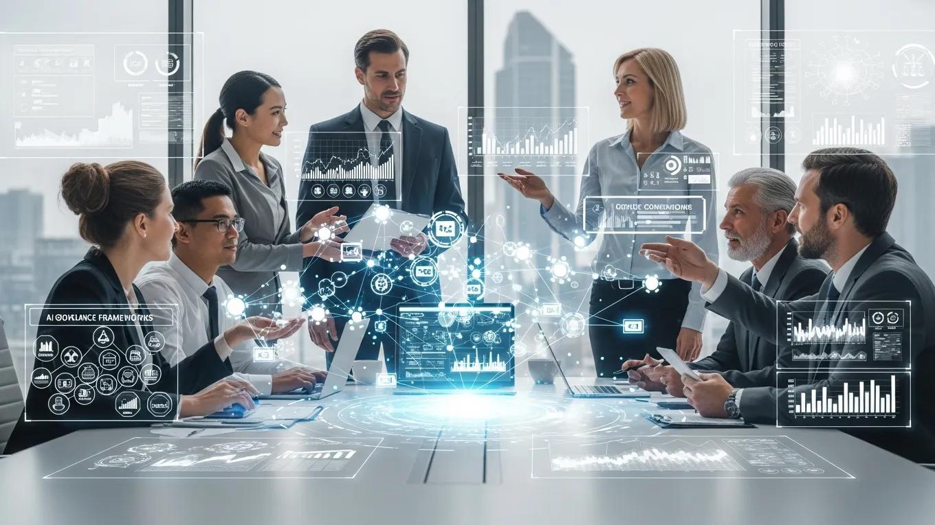 Professionals discussing AI governance frameworks and compliance strategies in a modern office setting with digital data visualizations and analytics displayed on screens and holograms.