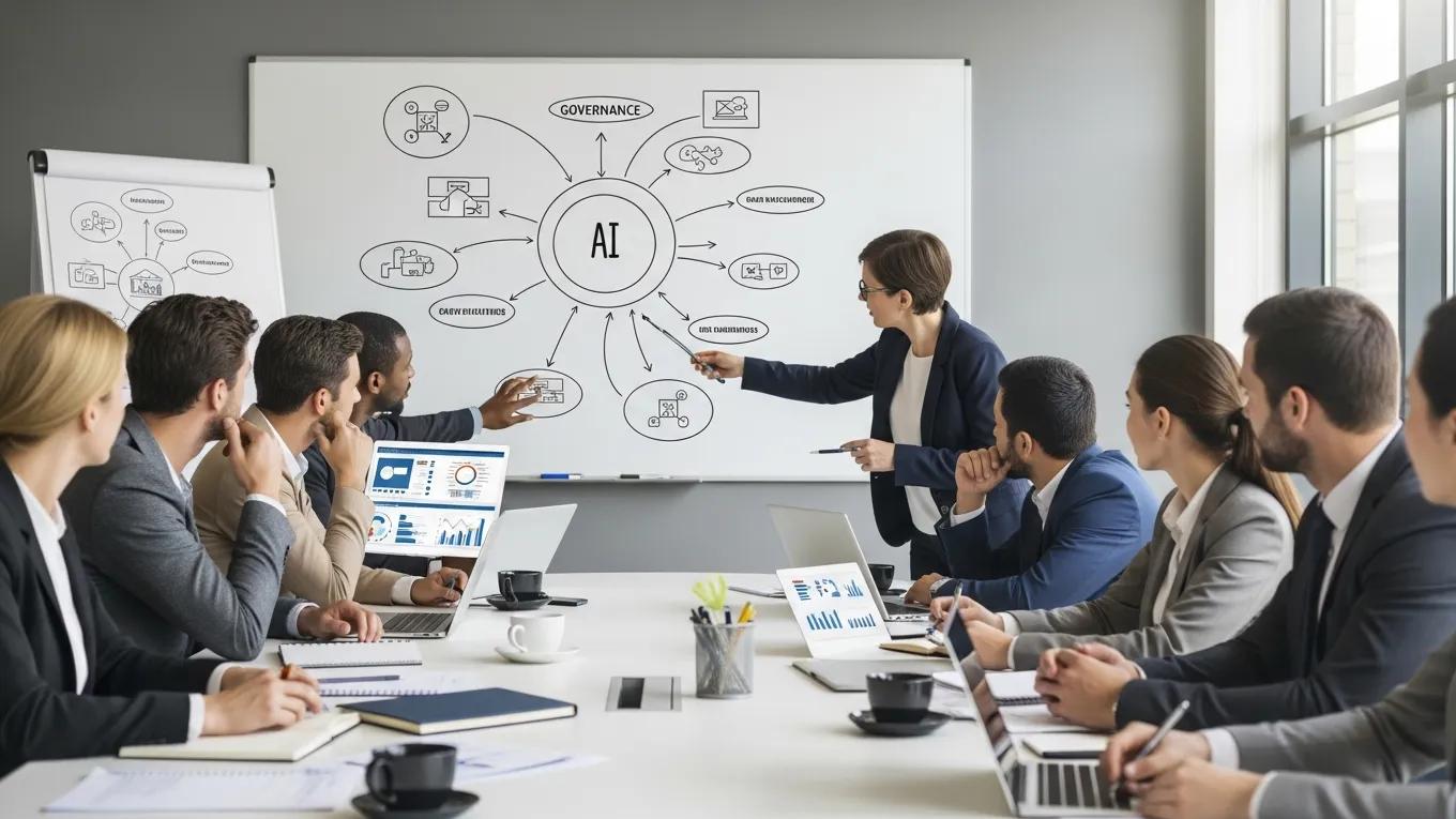 Professionals discussing AI governance frameworks in a conference room, with a presentation highlighting key components like data management and accountability, reflecting trends in AI adoption and risk management strategies.