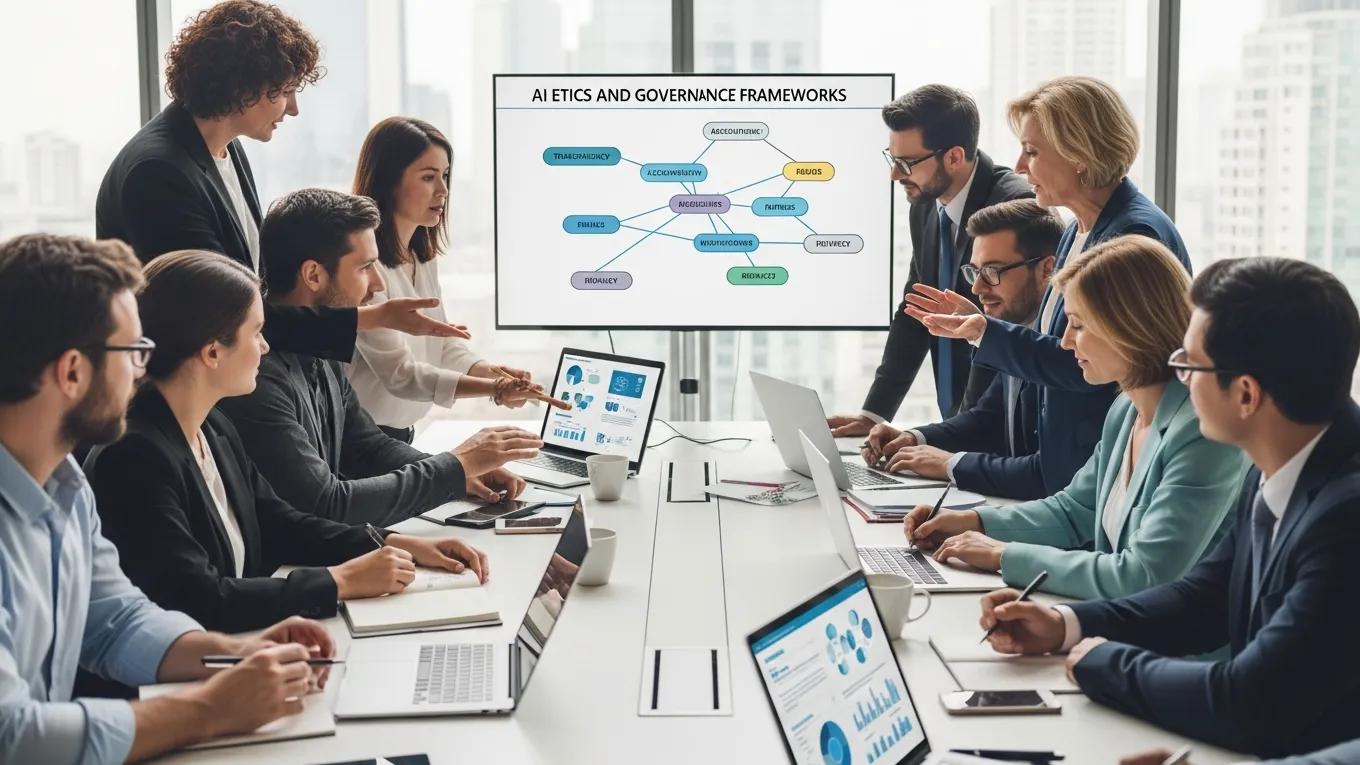 Professionals discussing AI governance principles in a collaborative setting