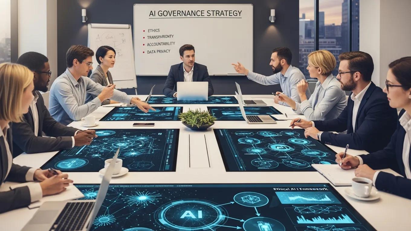 Professionals discussing AI governance strategies in a collaborative setting