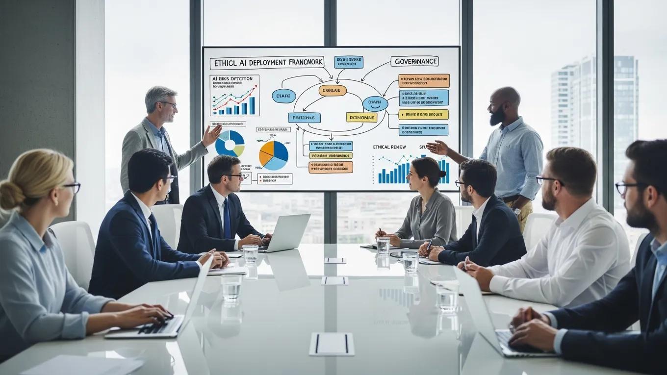 Professionals discussing ethical AI governance frameworks in a modern conference room