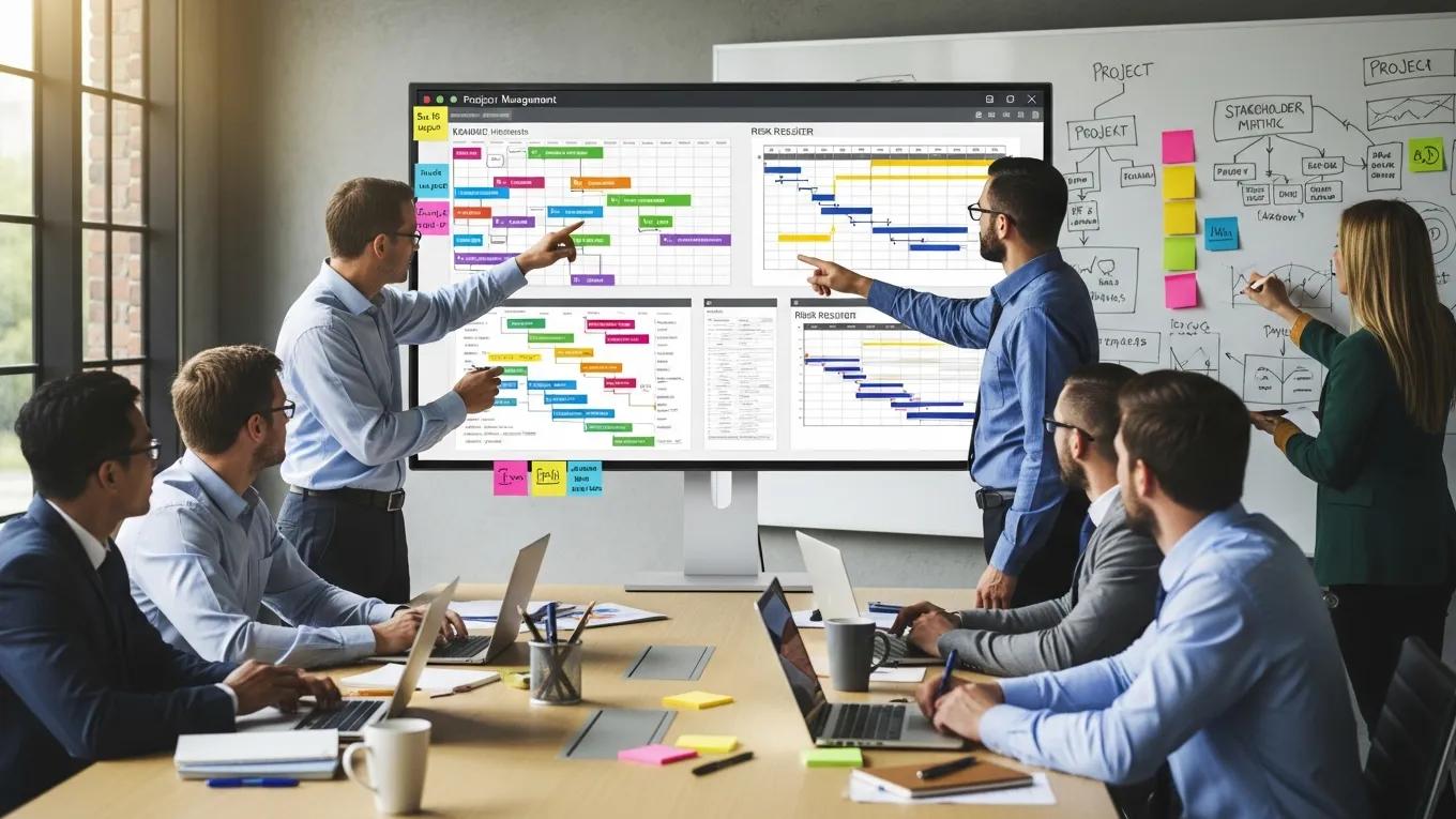 Professionals discussing project management templates in a collaborative workspace