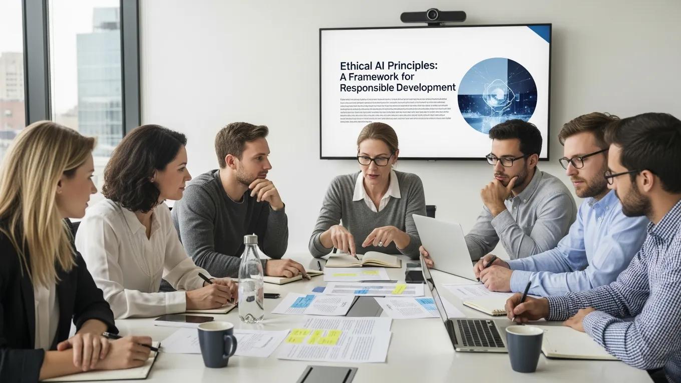 Professionals reviewing ethical AI guidelines in a conference room setting
