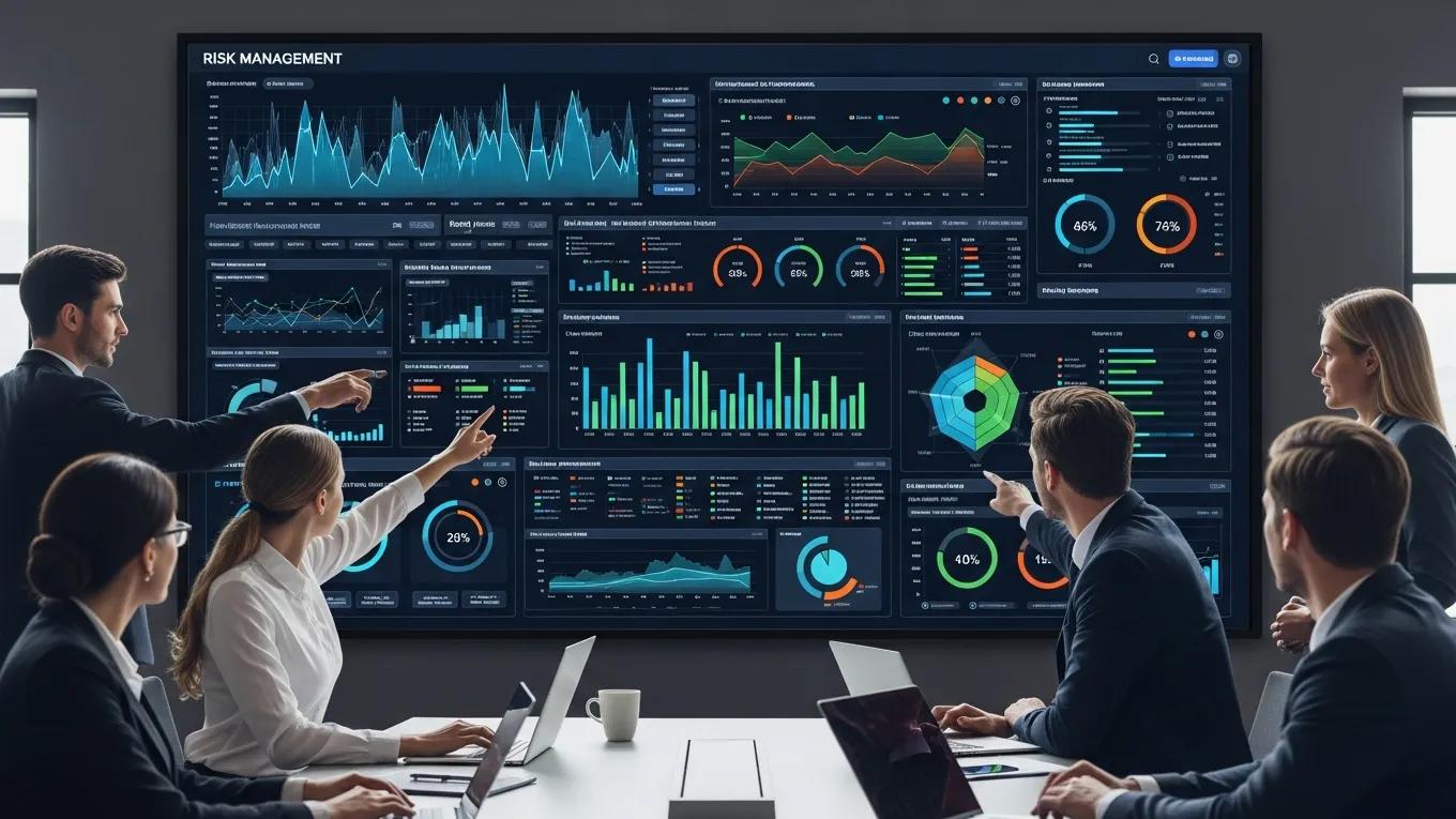 Risk management dashboard displayed on a large screen in a corporate setting