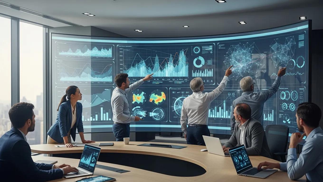 Team analyzing data and metrics in a high-tech office environment, focusing on AI initiatives and risk management indicators.