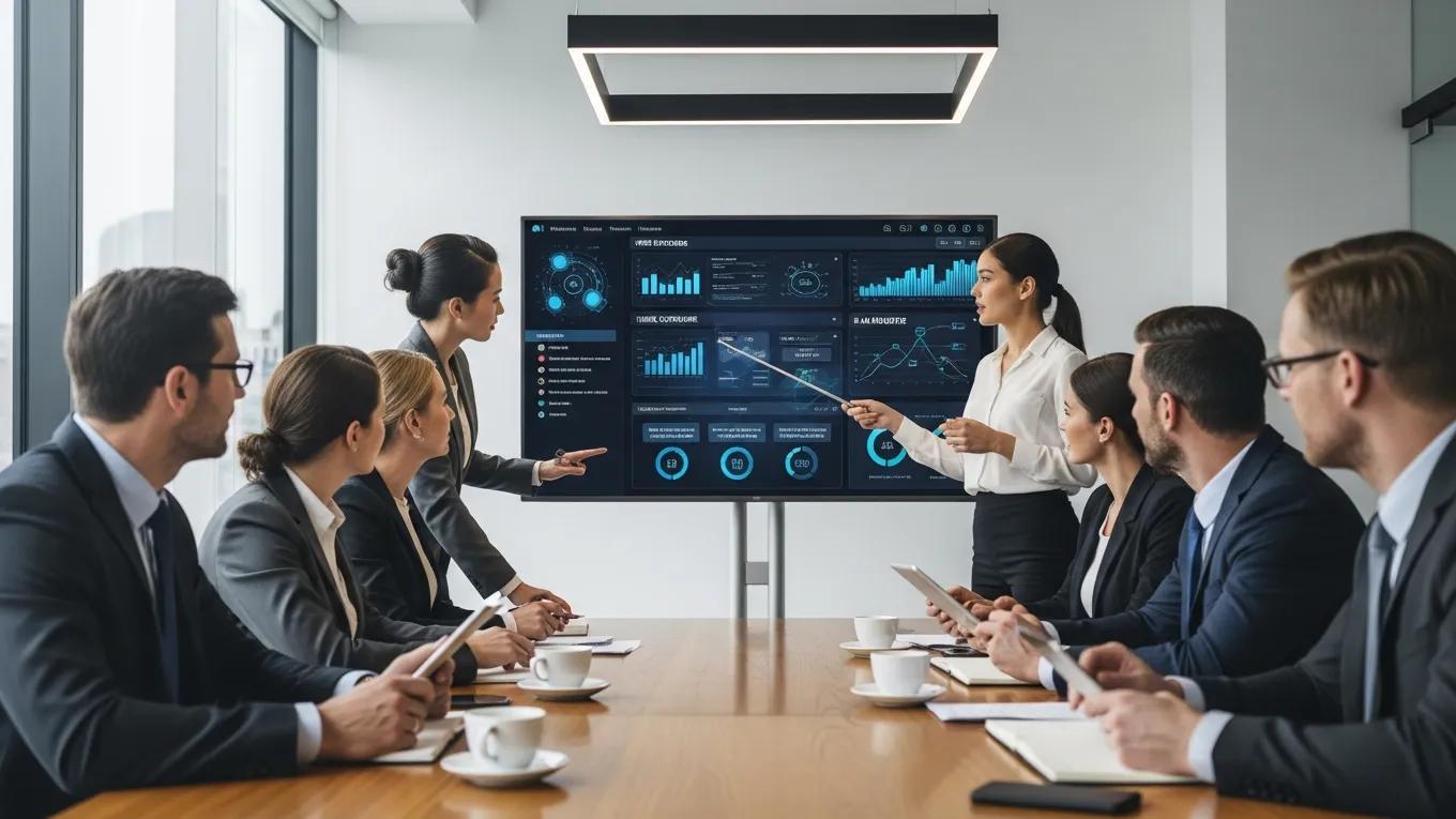 Risk management team discussing AI tools in a conference room with data visuals
