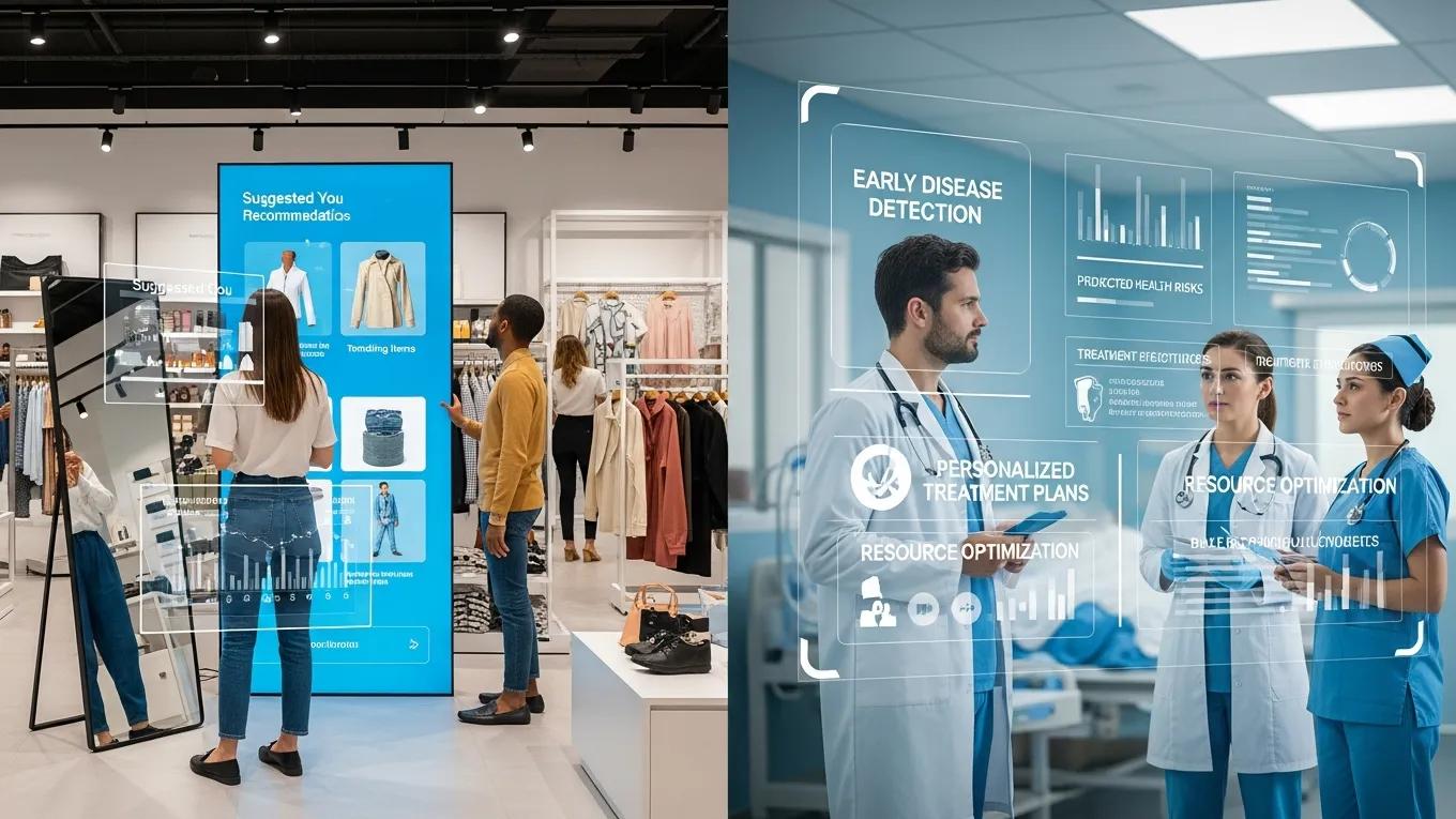 Split scene illustrating retail and healthcare use cases of predictive analytics, highlighting industry applications
