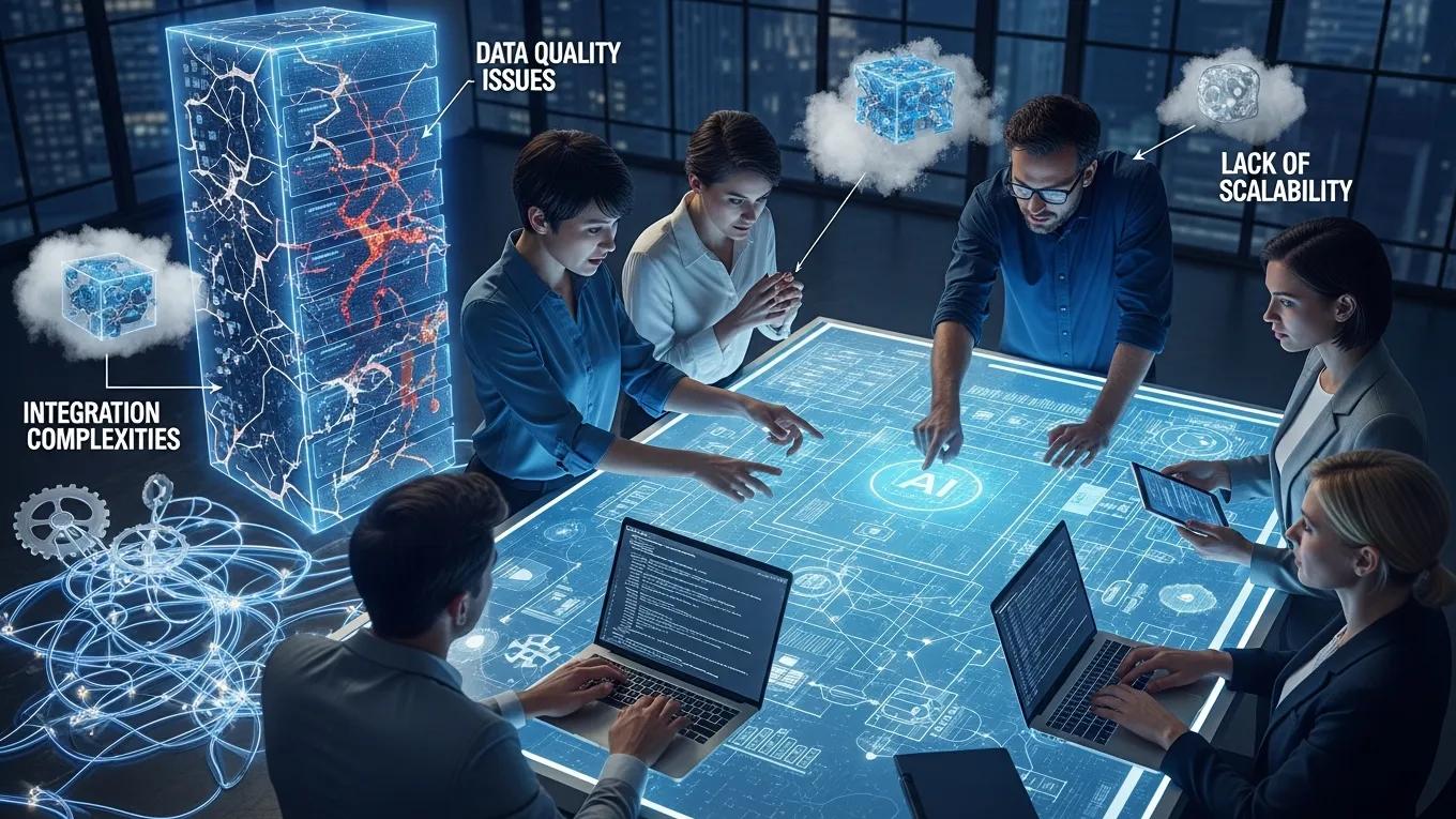 Team discussing AI adoption challenges, highlighting data quality issues, integration complexities, and lack of scalability on a digital interface.