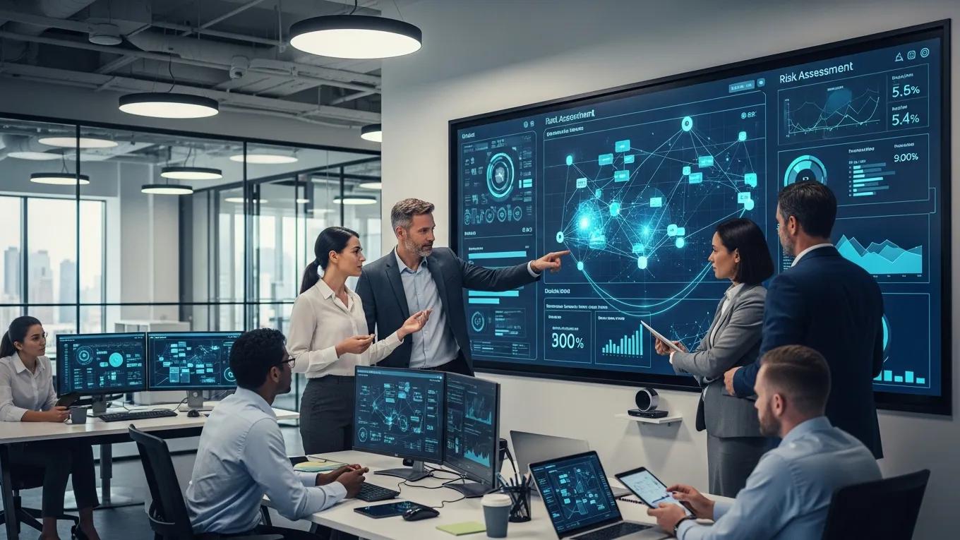 Team analyzing AI data for risk management in a high-tech office
