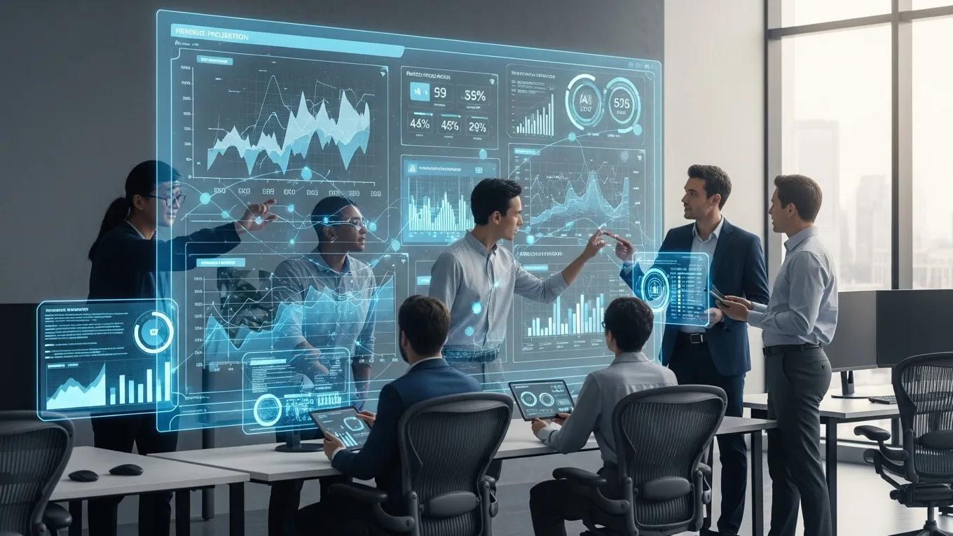 Team analyzing AI performance data in a high-tech office setting