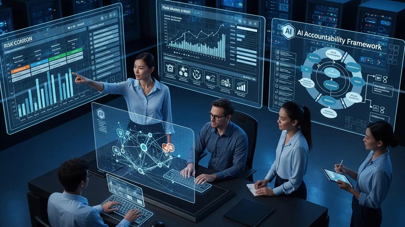 Team analyzing AI risk management strategies in a high-tech environment