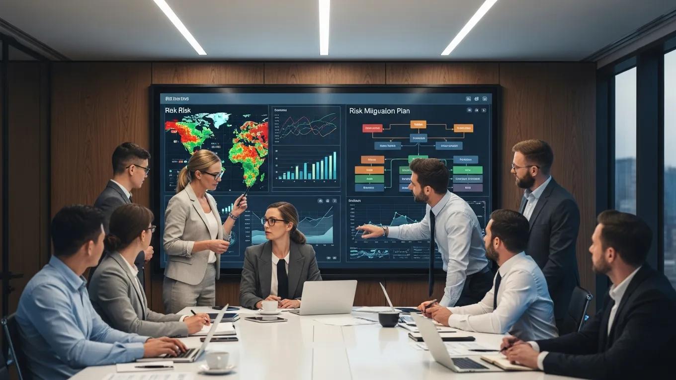 Team analyzing data and discussing AI risk assessment strategies in a modern conference room, with visual data displays including risk maps and mitigation plans.
