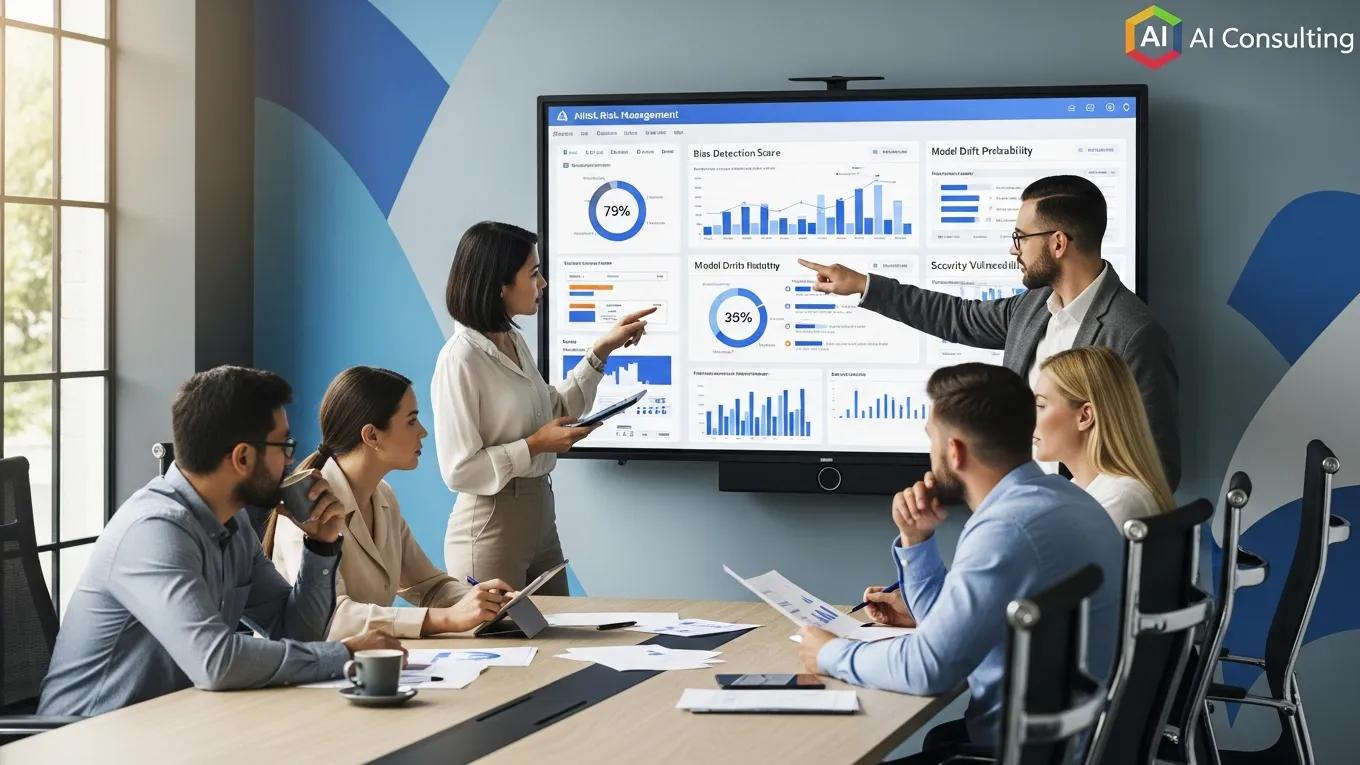 Team analyzing data for AI risk management in a conference room