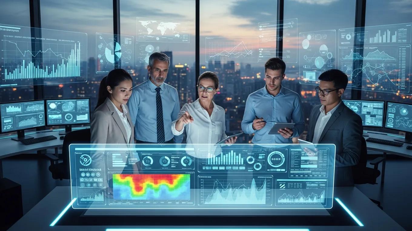 Team analyzing risk data for enterprise risk management in a high-tech insurance environment