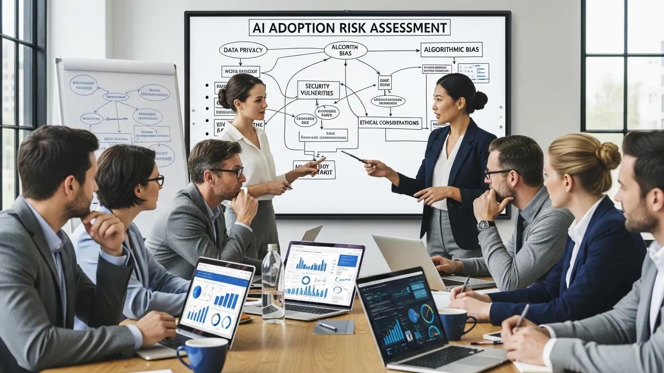 Team analyzing risk management strategies for AI adoption in a conference room
