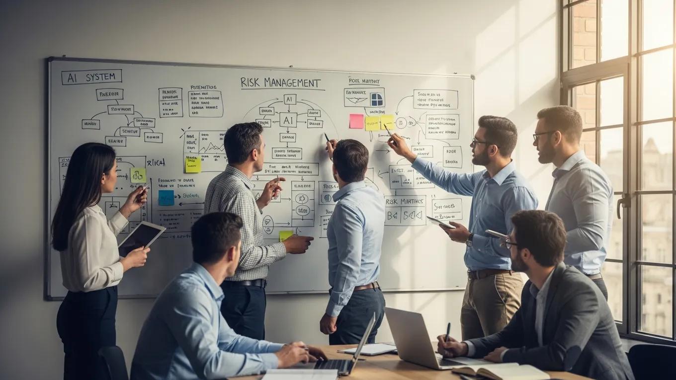 Team collaborating on risk management strategies for AI implementation, analyzing frameworks and ethical considerations on a whiteboard filled with diagrams and notes.