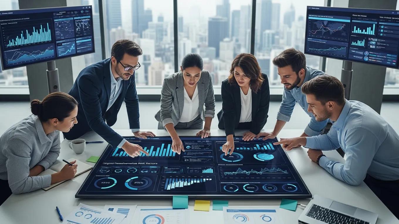 Team analyzing risk management strategies in a collaborative workspace