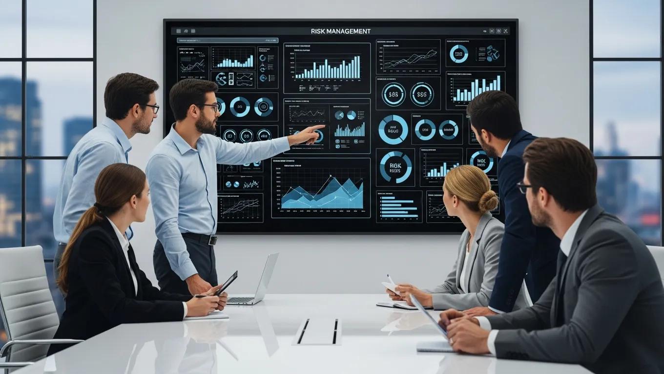Team analyzing risk management strategies in a corporate conference room
