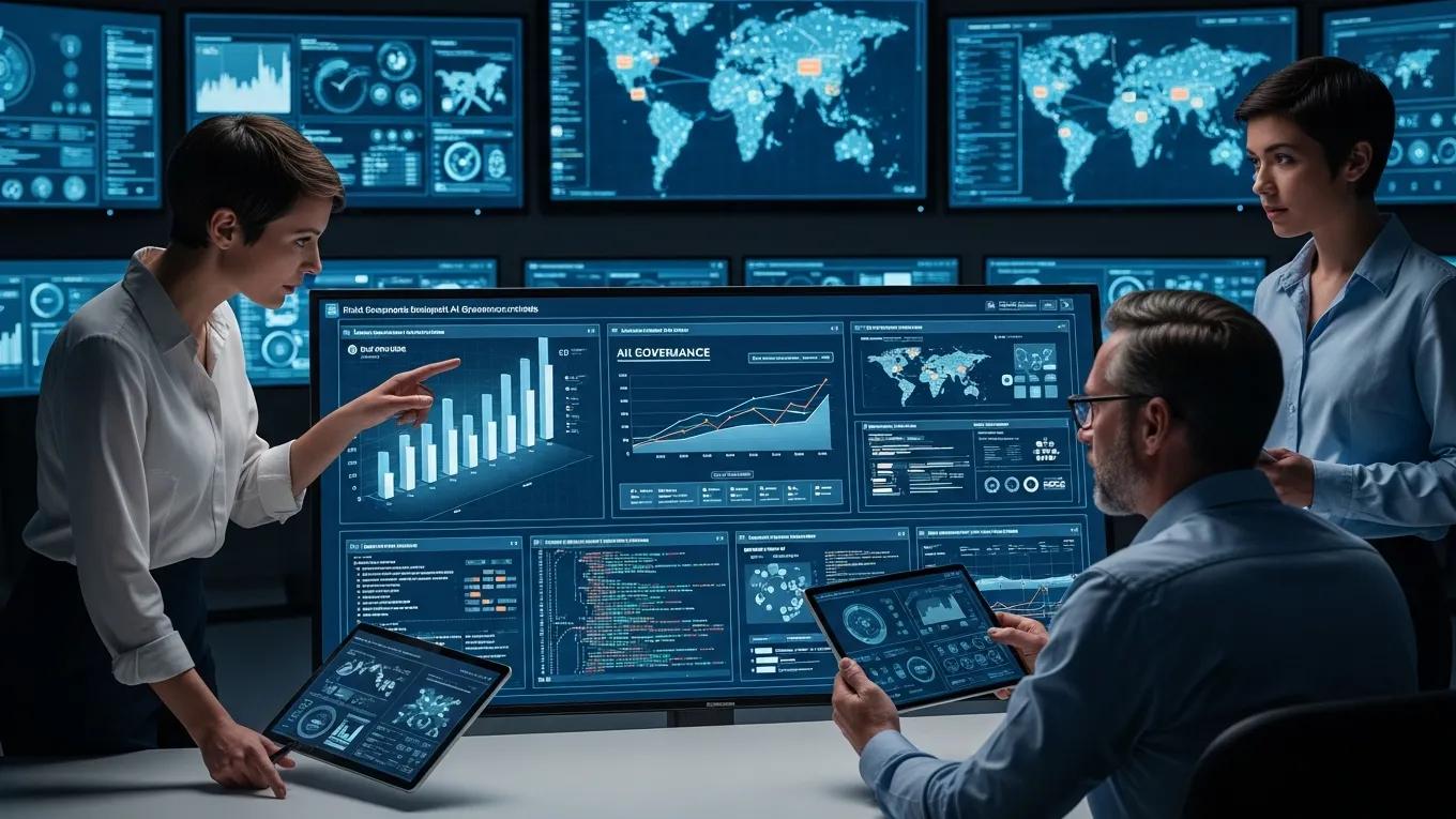 Team analyzing risk management tools integrated with AI governance models on a digital dashboard