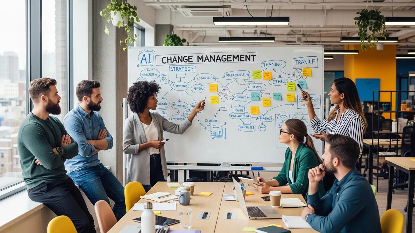 Team brainstorming session on change management strategies for AI adoption, featuring a whiteboard with flowcharts and sticky notes, in a modern office setting.