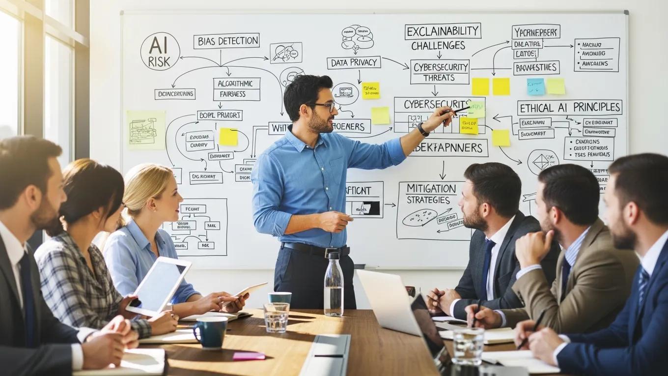 Team conducting a risk assessment meeting focused on AI governance frameworks