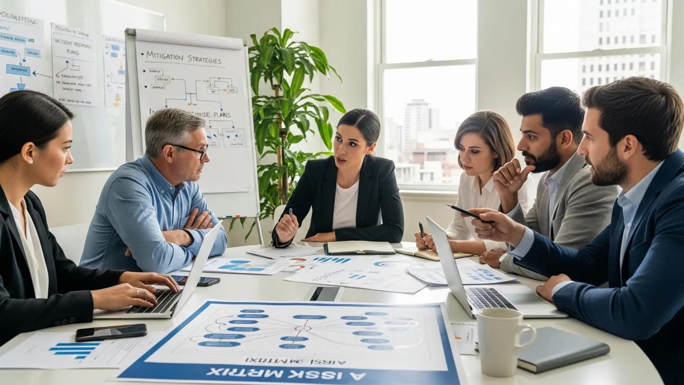 Team conducting a risk assessment meeting focused on AI operational risks
