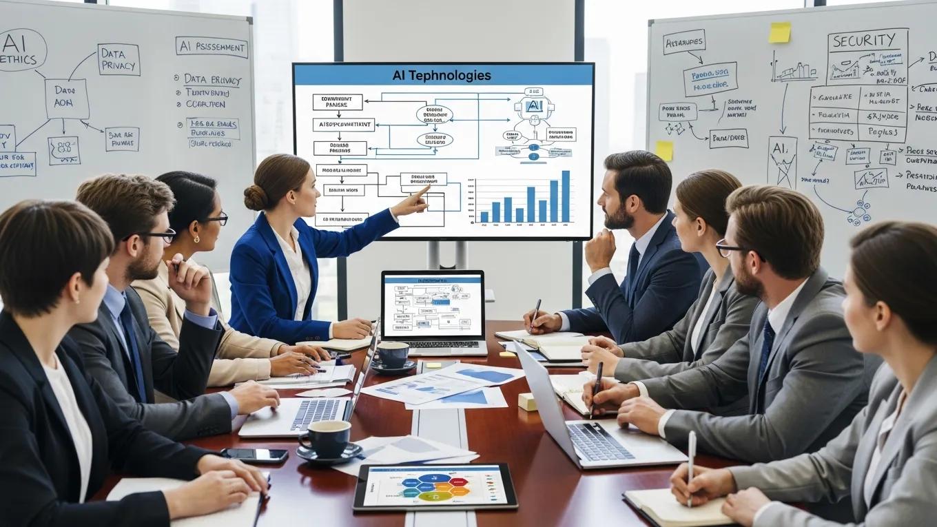 Team conducting a risk assessment meeting focused on AI technologies and compliance
