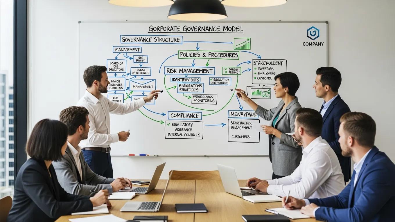 Team discussing a corporate governance model with a flowchart in a meeting room
