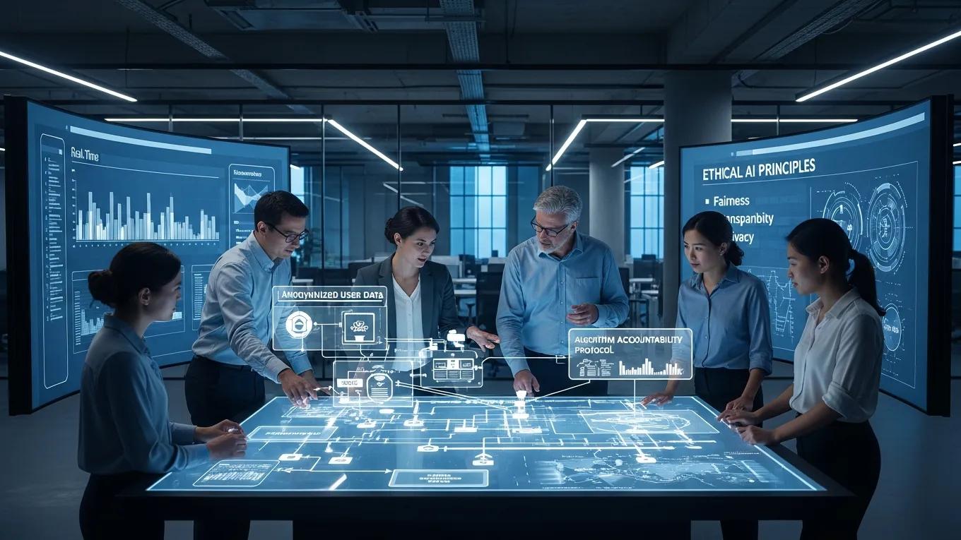Team discussing AI governance and ethical practices in predictive analytics, focusing on data privacy and accountability