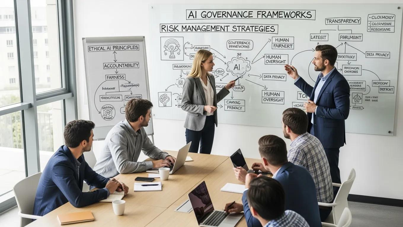 Team discussing AI governance frameworks and risk management strategies in a professional setting, with a presentation on ethical AI principles and accountability displayed on a whiteboard.