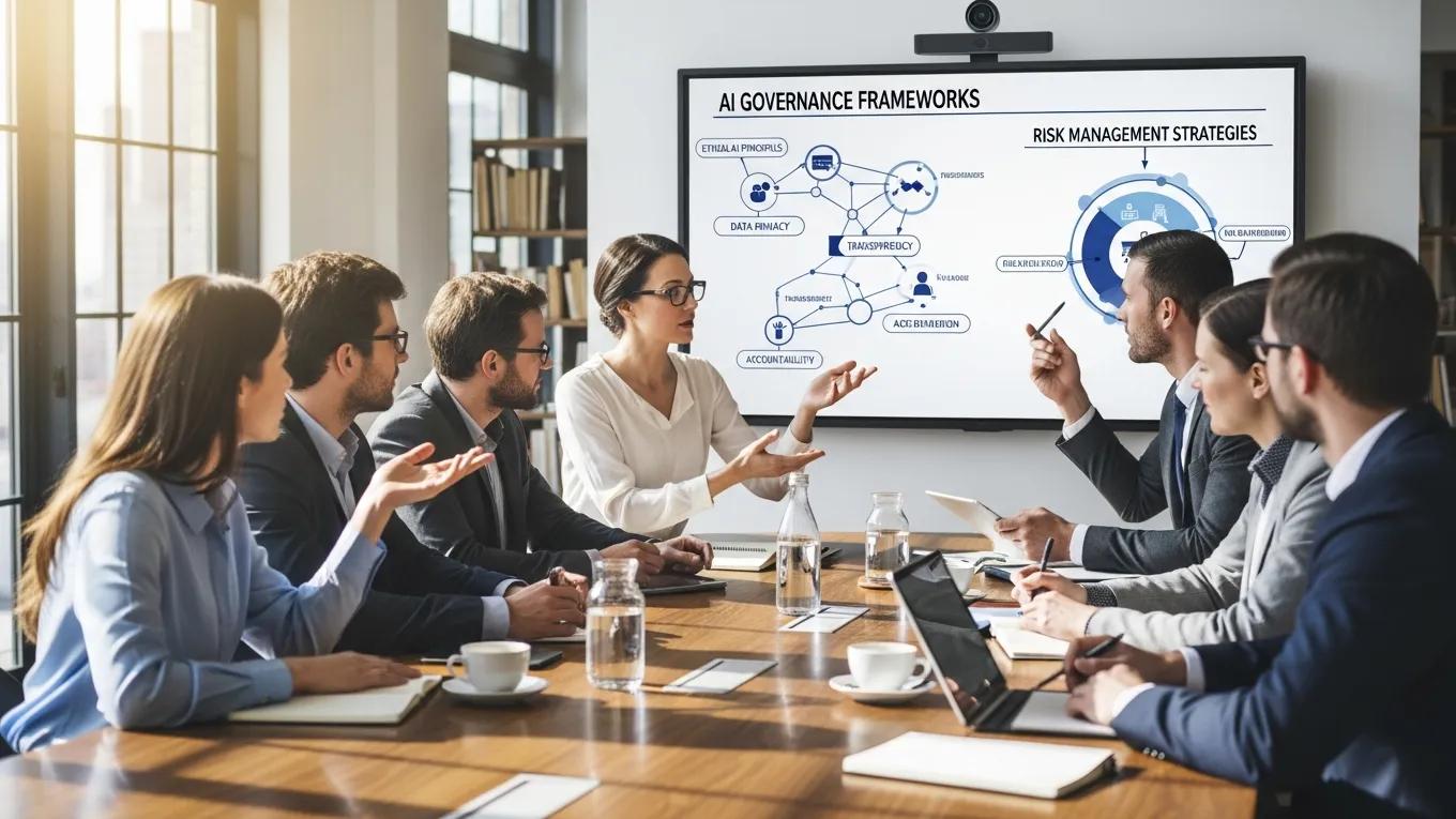 Team discussing AI governance frameworks for risk management