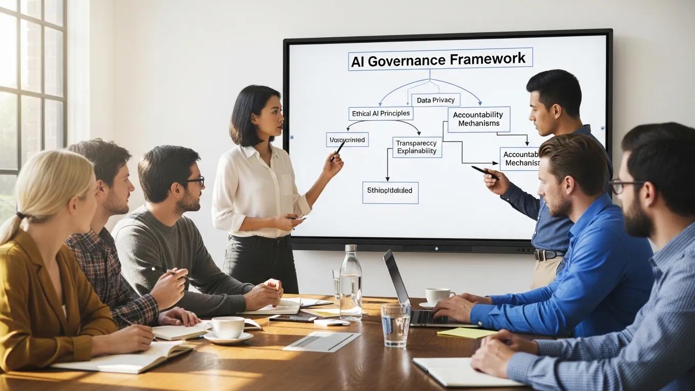 Team discussing AI governance frameworks in a collaborative meeting