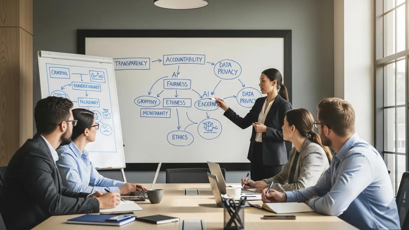 Team discussing AI governance principles in a business meeting