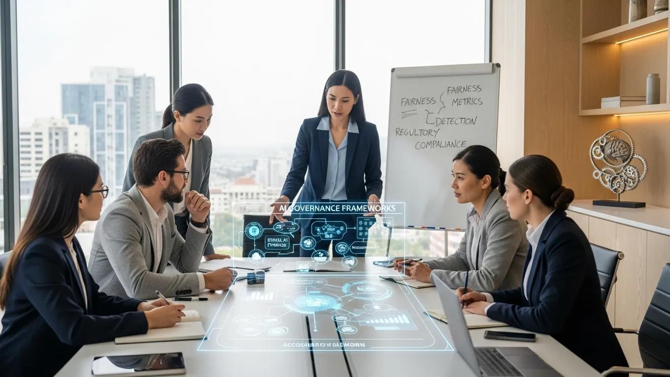 Team discussing AI governance frameworks for operational telemetry and risk management, with digital visuals highlighting fairness, metrics, detection, and regulatory compliance.