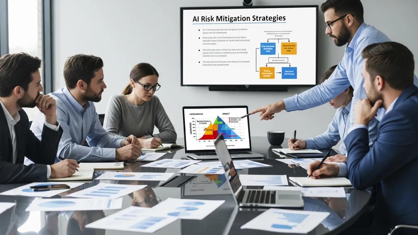 Team discussing AI risk management strategies in a conference room
